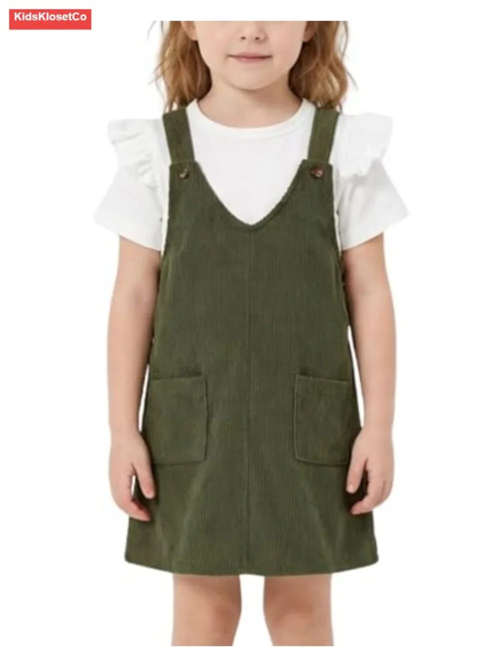 Toddler Girl V Neck Corduroy Pinafore Overall Dress Short Sleeve T-Shirt Set